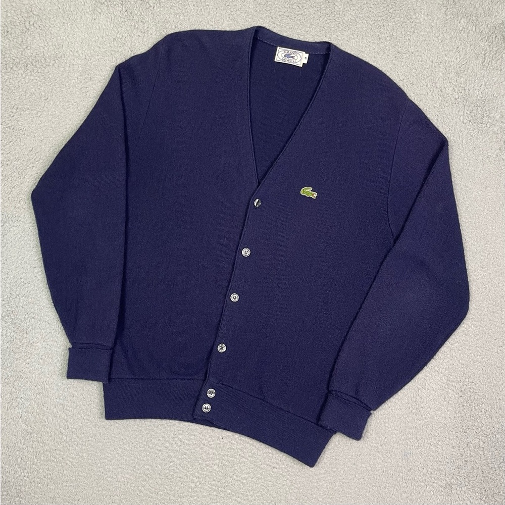 Lacoste Navy Blue V-Neck Cardigan with Green Crocodile Logo